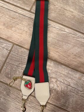 Designer-Inspired Green & Red Stripe bag Strap with Cream Leather Ends